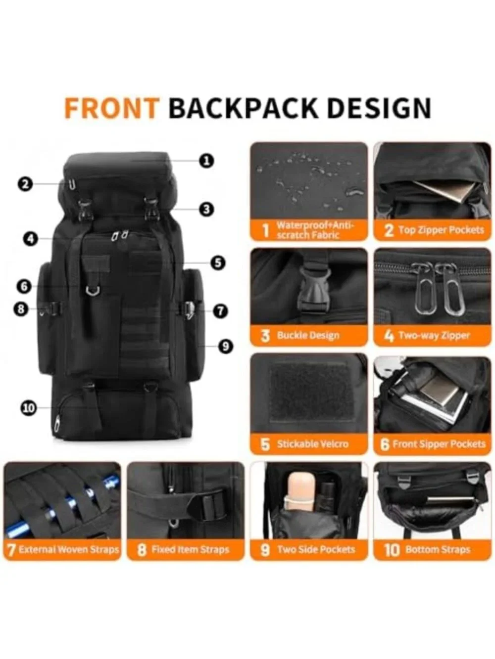 80L Waterproof Tactical Hiking Backpack for Men & Women, Large Molle Rucksack